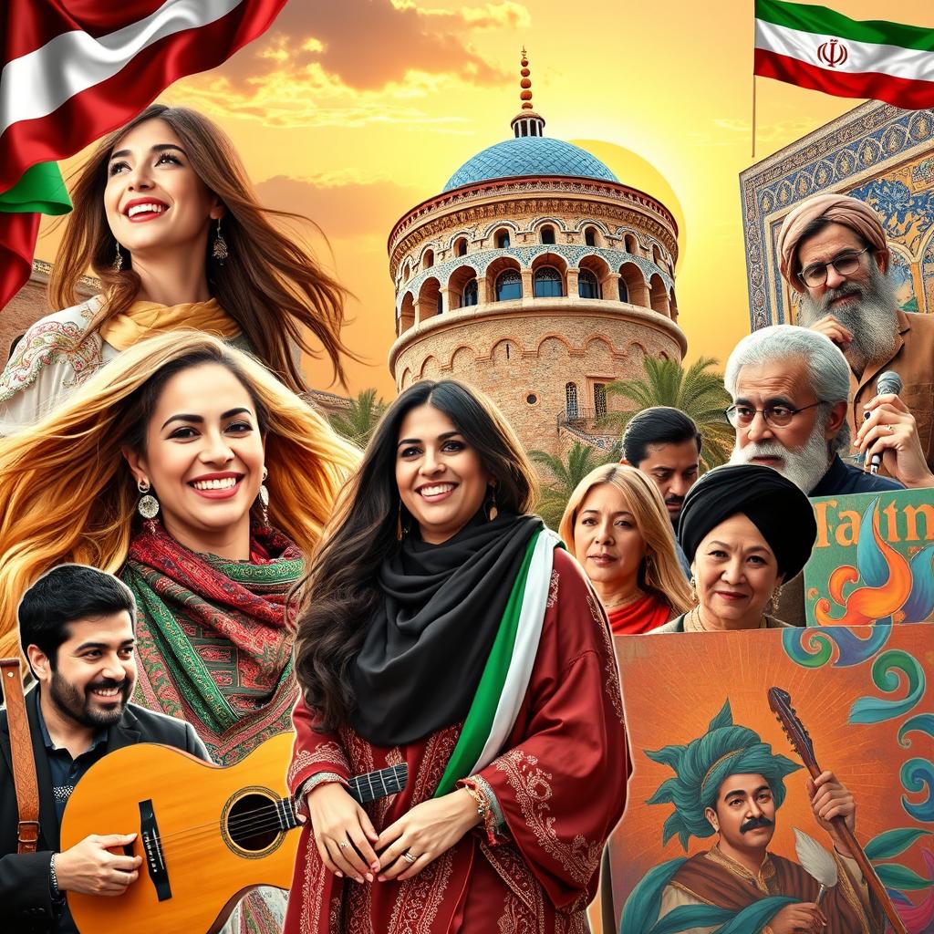 A vibrant collage of Iranian celebrities and luminaries, featuring famous actors, musicians, and artists from various fields