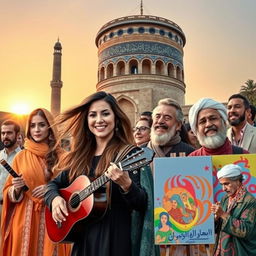 A vibrant collage of Iranian celebrities and luminaries, featuring famous actors, musicians, and artists from various fields