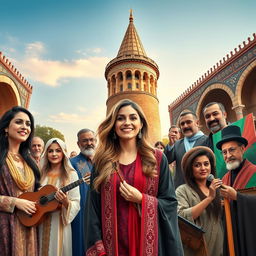 A vibrant collage of Iranian celebrities and luminaries, featuring famous actors, musicians, and artists from various fields