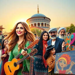 A vibrant collage of Iranian celebrities and luminaries, featuring famous actors, musicians, and artists from various fields