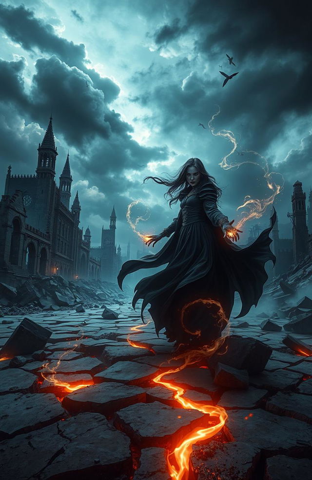 A dystopian fantasy landscape showcasing a post-apocalyptic world, where dark magic pulses through the air