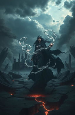 A dystopian fantasy landscape showcasing a post-apocalyptic world, where dark magic pulses through the air