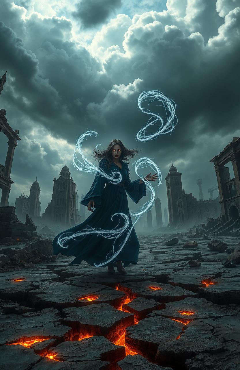 A dystopian fantasy landscape showcasing a post-apocalyptic world, where dark magic pulses through the air