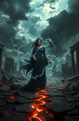 A dystopian fantasy landscape showcasing a post-apocalyptic world, where dark magic pulses through the air
