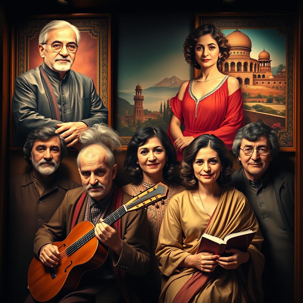 A vibrant and captivating portrait gallery featuring an array of iconic Iranian celebrities and luminaries from various fields such as cinema, music, literature, and art