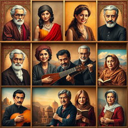 A vibrant and captivating portrait gallery featuring an array of iconic Iranian celebrities and luminaries from various fields such as cinema, music, literature, and art