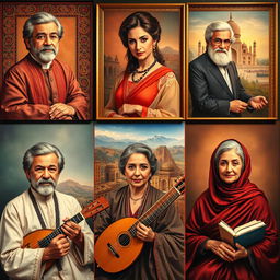 A vibrant and captivating portrait gallery featuring an array of iconic Iranian celebrities and luminaries from various fields such as cinema, music, literature, and art