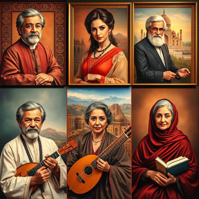 A vibrant and captivating portrait gallery featuring an array of iconic Iranian celebrities and luminaries from various fields such as cinema, music, literature, and art