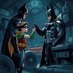Robin, the superhero sidekick, is in a dimly lit Batcave, reaching out to take the car keys from Batman, his father figure