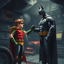 Robin, the superhero sidekick, is in a dimly lit Batcave, reaching out to take the car keys from Batman, his father figure
