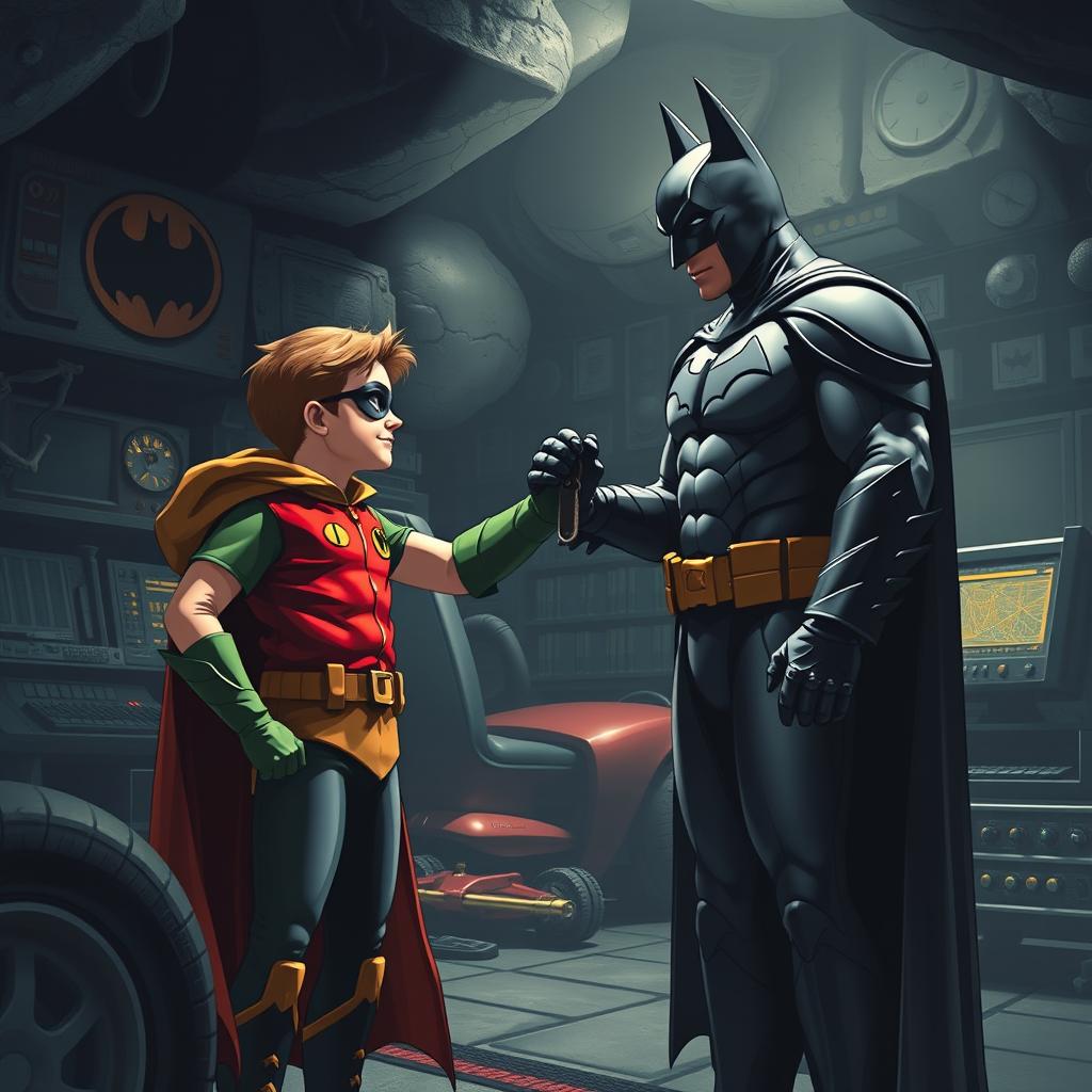 Robin, the superhero sidekick, is in a dimly lit Batcave, reaching out to take the car keys from Batman, his father figure
