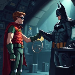 Robin, the superhero sidekick, is in a dimly lit Batcave, reaching out to take the car keys from Batman, his father figure