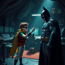 Robin, the superhero sidekick, is in a dimly lit Batcave, reaching out to take the car keys from Batman, his father figure