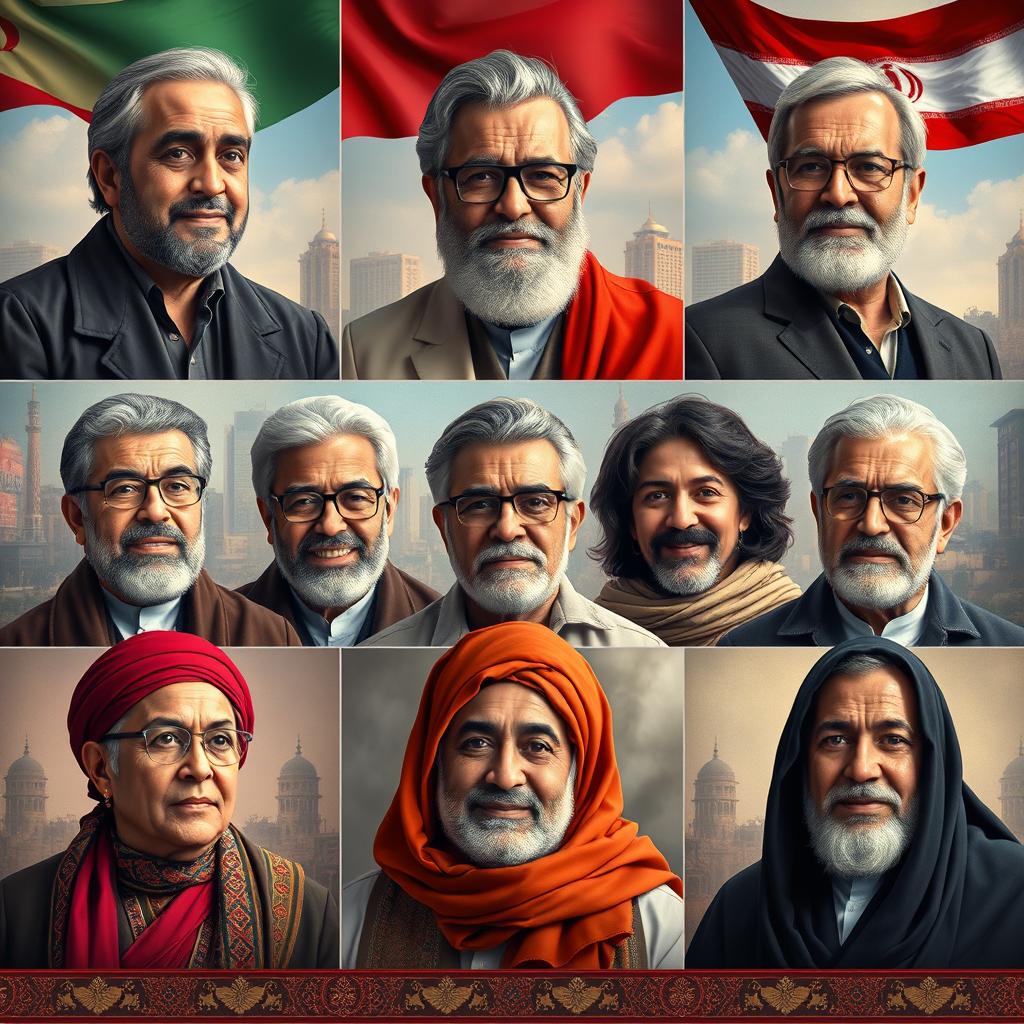 A collection of portraits showcasing prominent Iranian celebrities and luminaries from various fields, including film, music, art, and literature