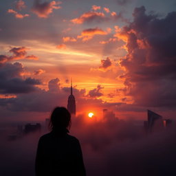 A mystical portrayal of New York City at sunset, showcasing the skyline with dramatic clouds painted in hues of orange, purple, and pink