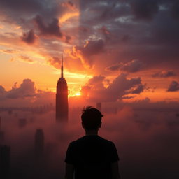 A mystical portrayal of New York City at sunset, showcasing the skyline with dramatic clouds painted in hues of orange, purple, and pink