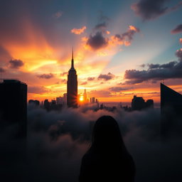 A mystical portrayal of New York City at sunset, showcasing the skyline with dramatic clouds painted in hues of orange, purple, and pink
