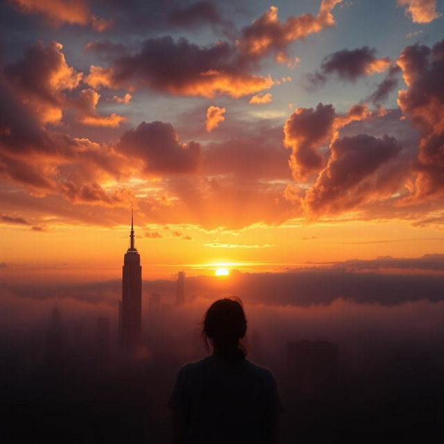 A mystical portrayal of New York City at sunset, showcasing the skyline with dramatic clouds painted in hues of orange, purple, and pink