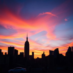 A mystical New York City skyline during sunset, where the sky is filled with vibrant colors like shades of orange, pink, and purple
