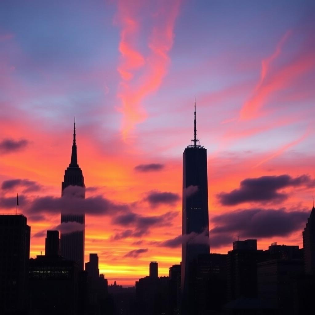 A mystical New York City skyline during sunset, where the sky is filled with vibrant colors like shades of orange, pink, and purple