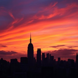 A mystical New York City skyline during sunset, where the sky is filled with vibrant colors like shades of orange, pink, and purple
