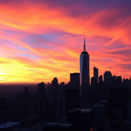 A mystical New York City skyline during sunset, where the sky is filled with vibrant colors like shades of orange, pink, and purple