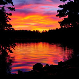 A stunning sunset over a serene lake reflecting the colorful sky filled with hues of orange, pink, and purple