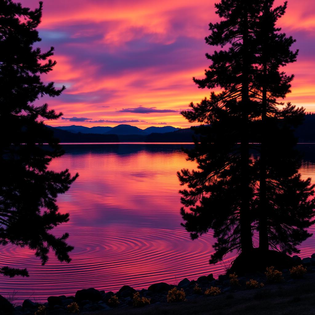 A stunning sunset over a serene lake reflecting the colorful sky filled with hues of orange, pink, and purple