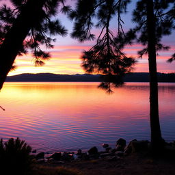 A stunning sunset over a serene lake reflecting the colorful sky filled with hues of orange, pink, and purple