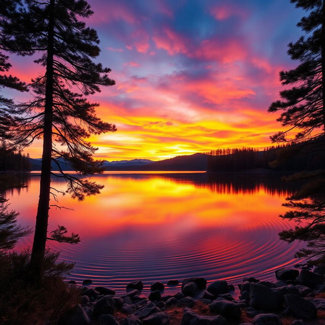 A stunning sunset over a serene lake reflecting the colorful sky filled with hues of orange, pink, and purple