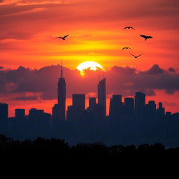 A breathtaking sunset over the New York skyline, showcasing the iconic skyscrapers silhouetted against vibrant hues of orange, pink, and purple