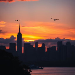 A breathtaking sunset over the New York skyline, showcasing the iconic skyscrapers silhouetted against vibrant hues of orange, pink, and purple