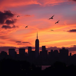 A breathtaking sunset over the New York skyline, showcasing the iconic skyscrapers silhouetted against vibrant hues of orange, pink, and purple