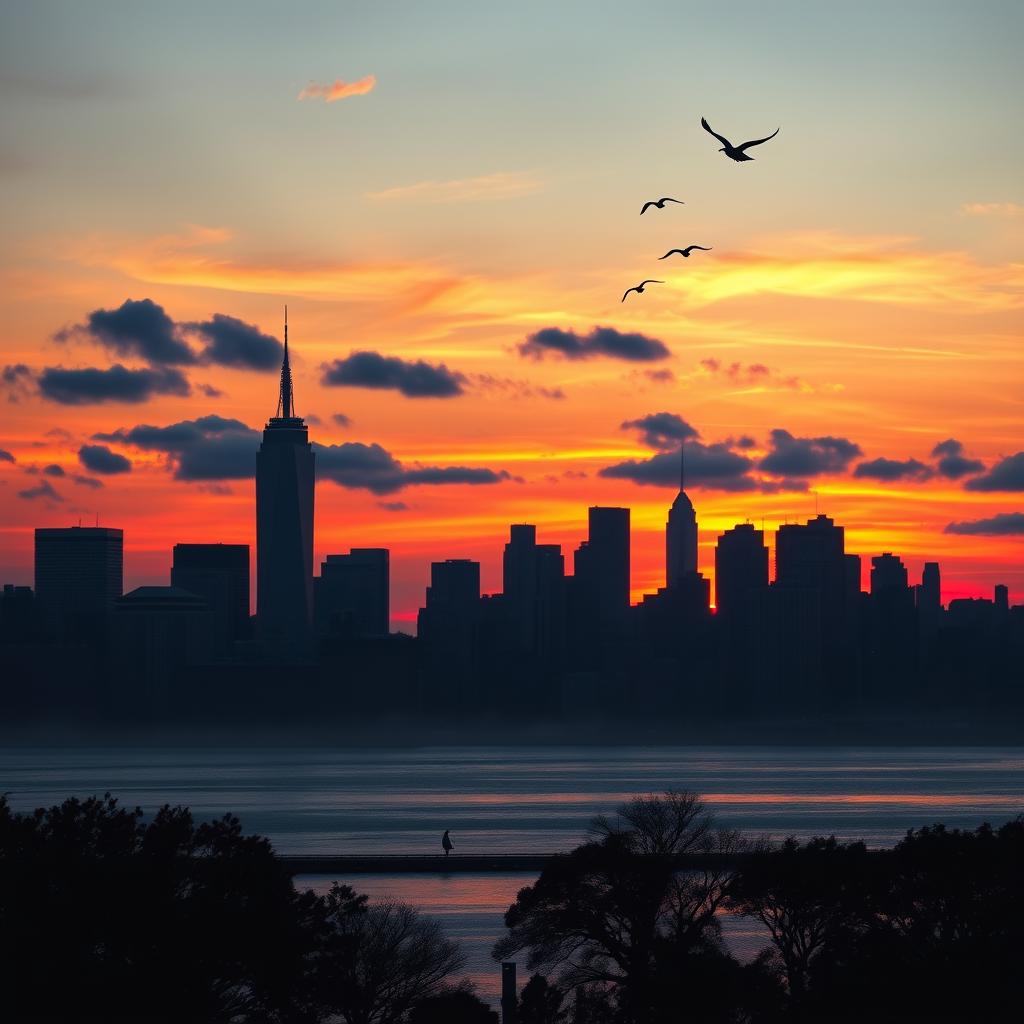 A breathtaking sunset over the New York skyline, showcasing the iconic skyscrapers silhouetted against vibrant hues of orange, pink, and purple