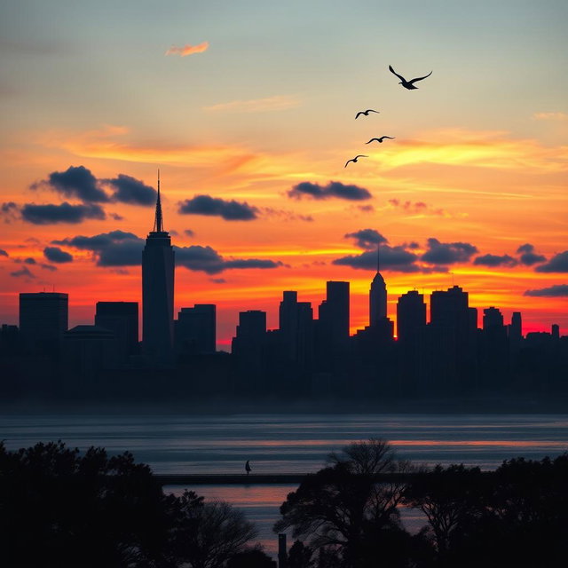 A breathtaking sunset over the New York skyline, showcasing the iconic skyscrapers silhouetted against vibrant hues of orange, pink, and purple