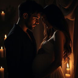 A dark romance scene capturing the intense and forbidden love between a rugged man with short, tousled dark hair and a beautiful pregnant woman with long flowing brunette hair