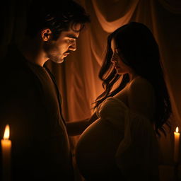 A dark romance scene capturing the intense and forbidden love between a rugged man with short, tousled dark hair and a beautiful pregnant woman with long flowing brunette hair
