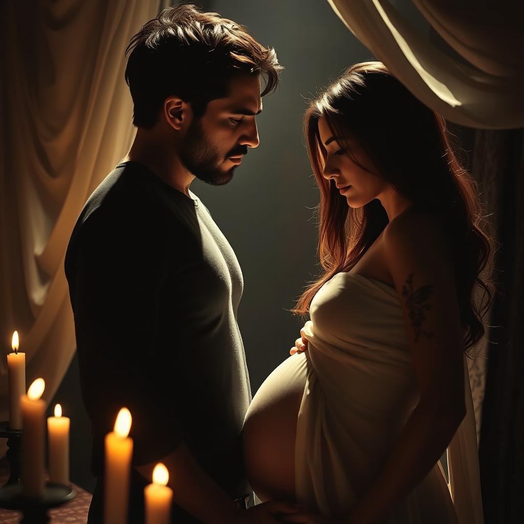 A dark romance scene capturing the intense and forbidden love between a rugged man with short, tousled dark hair and a beautiful pregnant woman with long flowing brunette hair