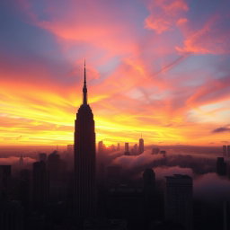 A captivating view of a mystic sunset over New York City, showcasing the iconic skyline with skyscrapers silhouetted against vibrant, swirling hues of orange, pink, and purple in the sky