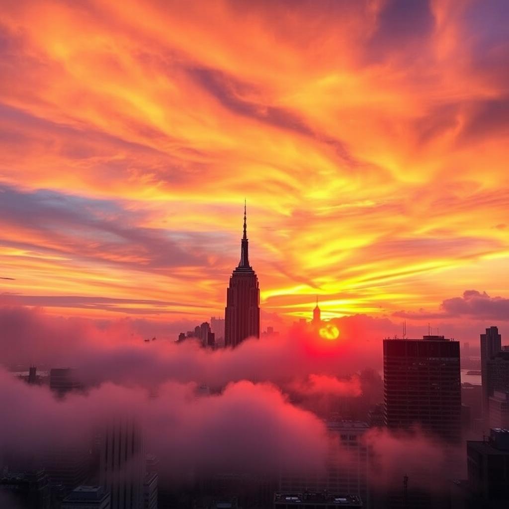 A captivating view of a mystic sunset over New York City, showcasing the iconic skyline with skyscrapers silhouetted against vibrant, swirling hues of orange, pink, and purple in the sky
