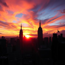 A captivating view of a mystic sunset over New York City, showcasing the iconic skyline with skyscrapers silhouetted against vibrant, swirling hues of orange, pink, and purple in the sky