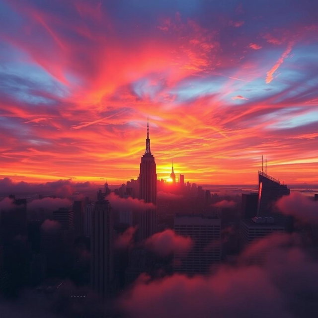 A captivating view of a mystic sunset over New York City, showcasing the iconic skyline with skyscrapers silhouetted against vibrant, swirling hues of orange, pink, and purple in the sky