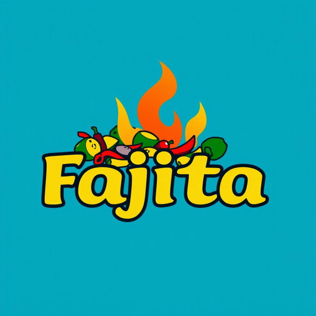 A vibrant and eye-catching logo for a fajita store, featuring a colorful silhouette of sizzling fajitas with peppers, onions, and spices