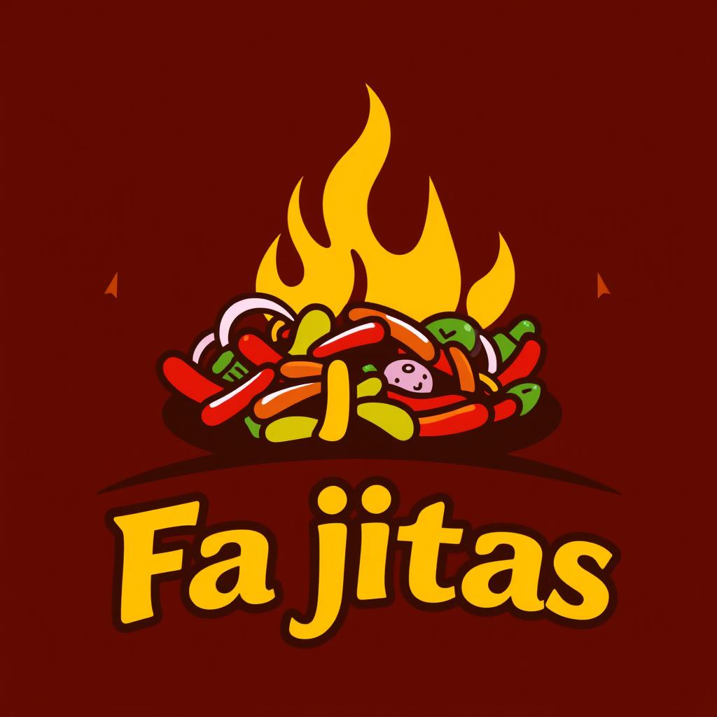 A vibrant and eye-catching logo for a fajita store, featuring a colorful silhouette of sizzling fajitas with peppers, onions, and spices