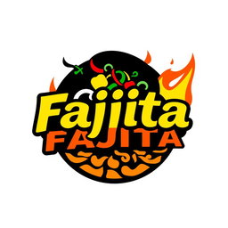 A vibrant and eye-catching logo for a fajita store, featuring a colorful silhouette of sizzling fajitas with peppers, onions, and spices