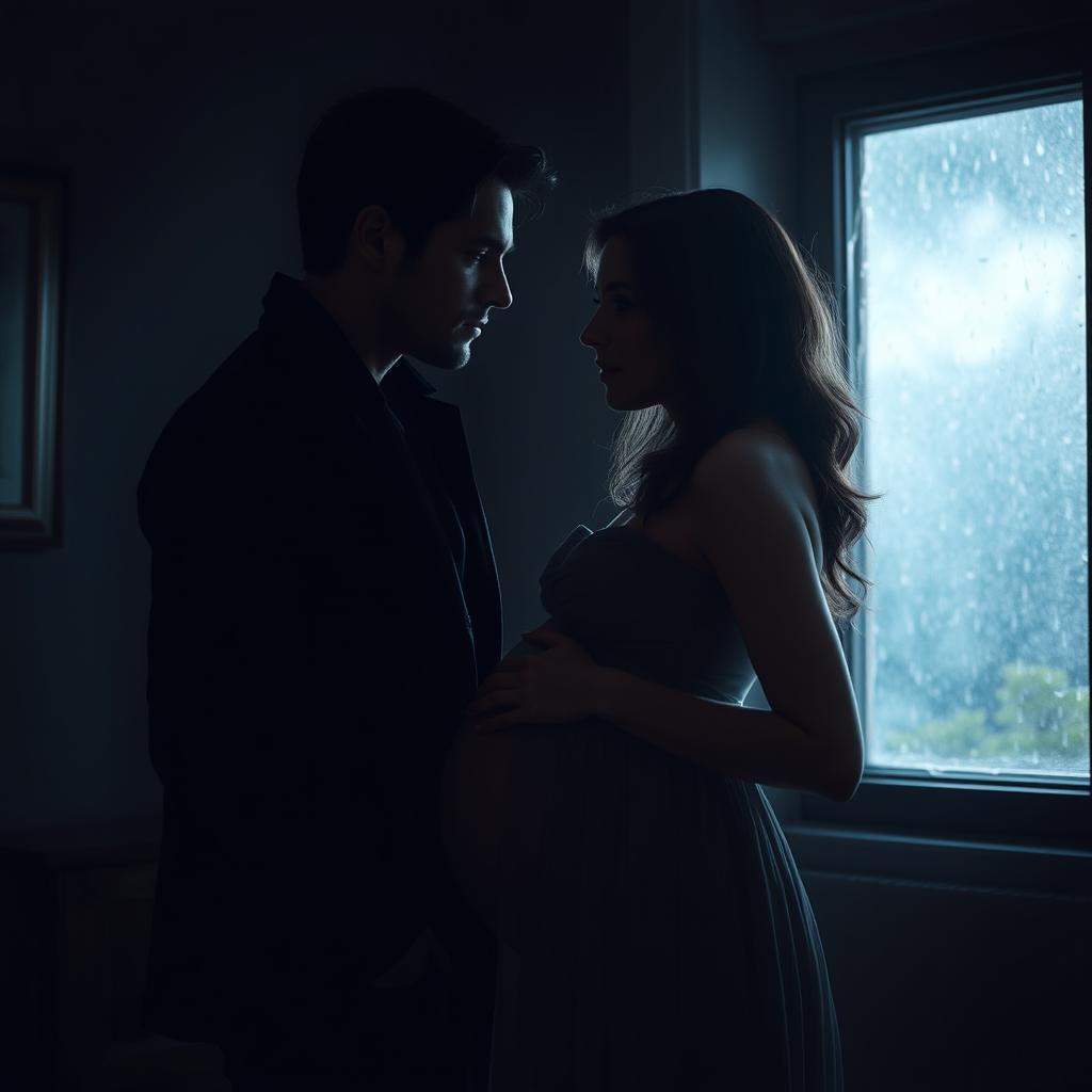 A dark romance scene depicting a passionate and forbidden love between a handsome man and a beautiful, pregnant woman