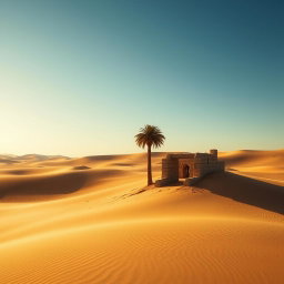 A beautiful scene depicting a vast desert landscape with golden sand dunes under a clear blue sky