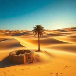 A beautiful scene depicting a vast desert landscape with golden sand dunes under a clear blue sky