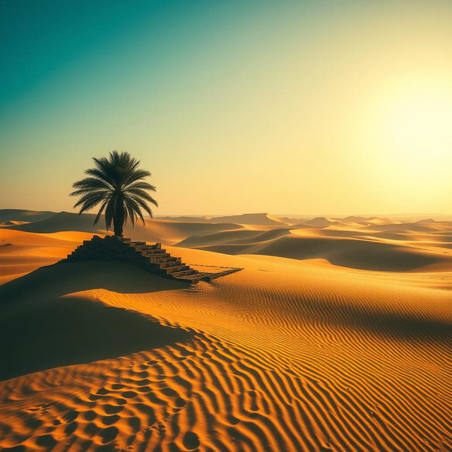 A beautiful scene depicting a vast desert landscape with golden sand dunes under a clear blue sky