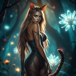 A striking fantasy scene featuring a sexy woman with cat-like features, such as ears and a tail, exuding an alluring presence